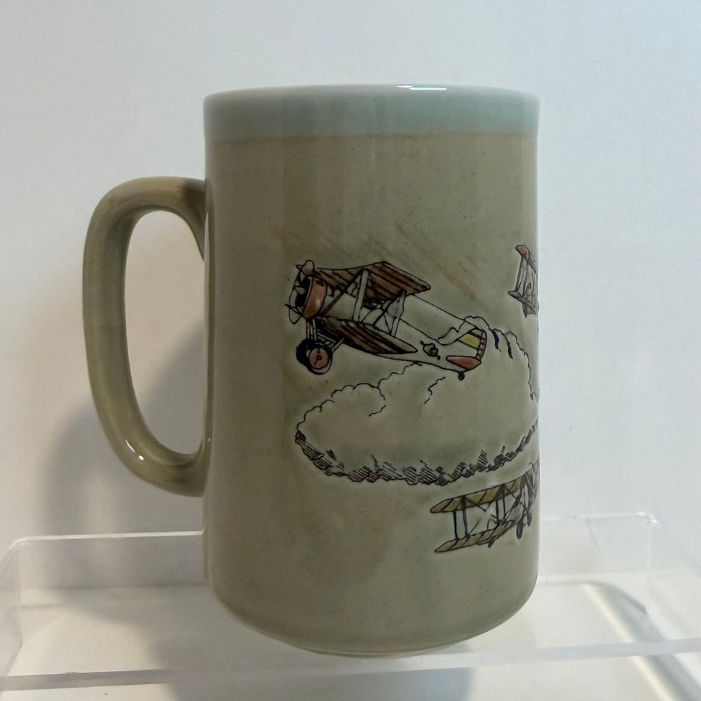 Vintage Otagiri Japan Biplane Aviation Stoneware Mug Textured 3D Embossed‎ Image